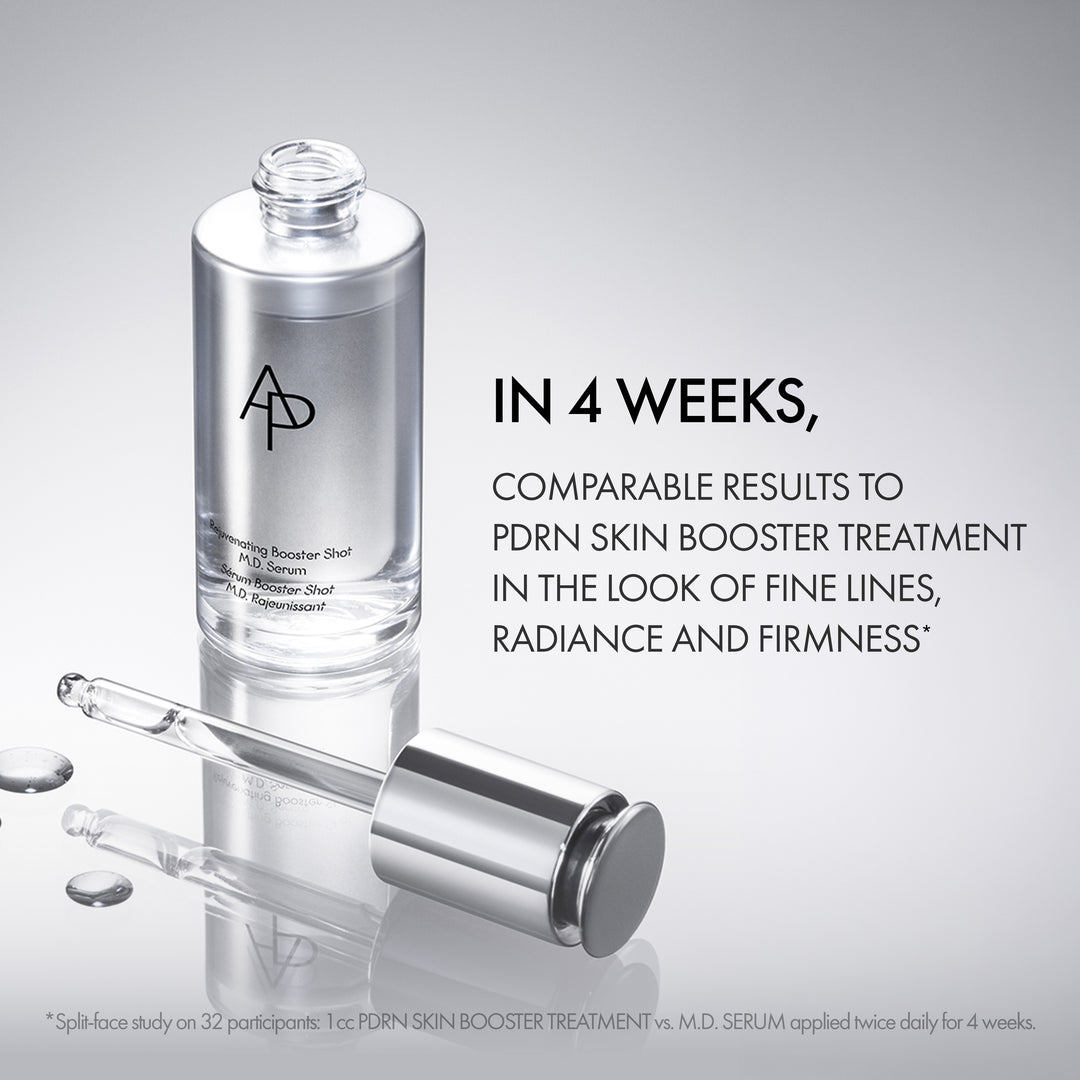 Bottle with dropper on a gray background, featuring text about  comparable results to PDRN skin booster treatment.