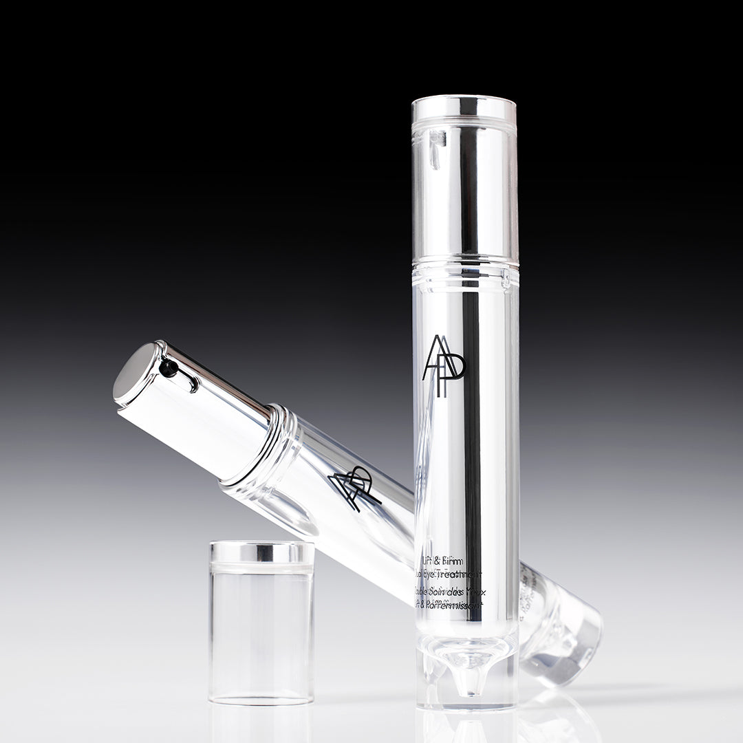 Stylized photo of two Lift & Firm Dual Eye Treatment bottles on a gradient background