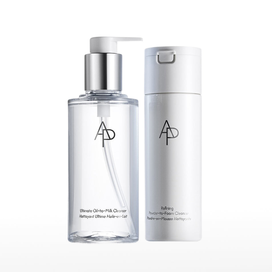 AP Beauty, pack shot of Ultimate Oil To Milk Cleanser and Refining Powder-To-Foam Cleanser