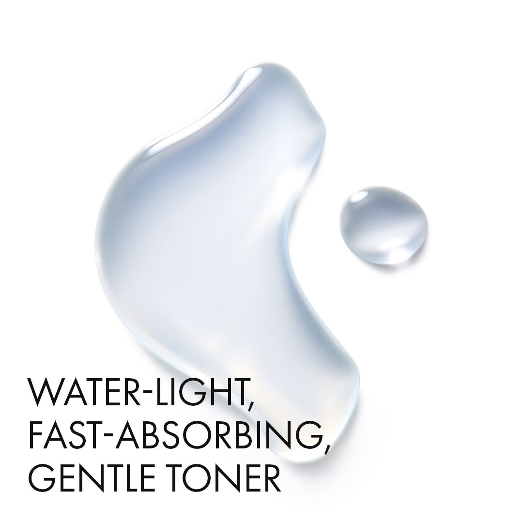 Plumping Lotion texture swatch, with the text 'WATER-LIGHT, FAST-ABSORBING, GENTLE TONER'