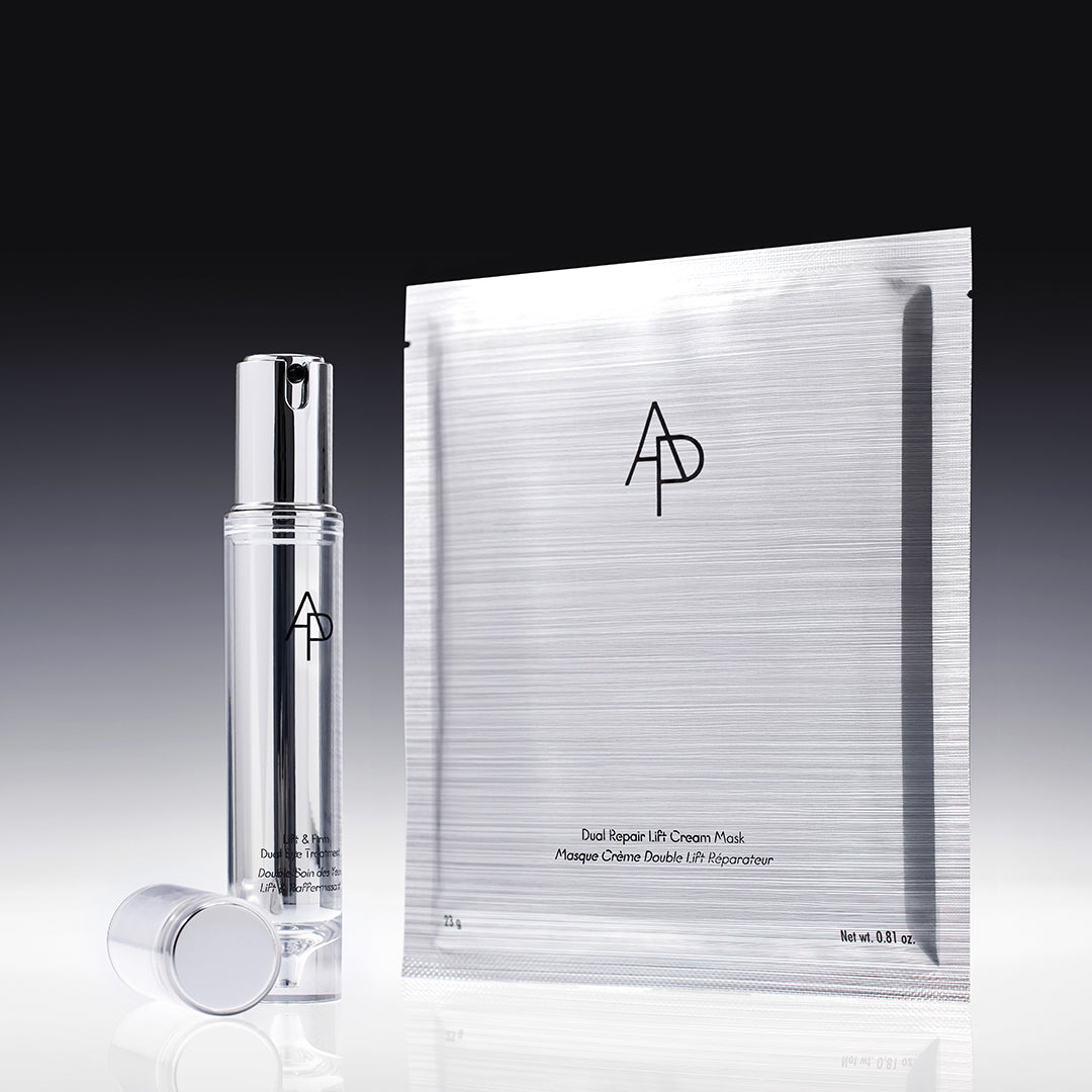 AP Beauty, M.D. Lift & Firm Dual Eye Treatment and M.D. Dual Repair Lift Cream Mask on grey gradient background