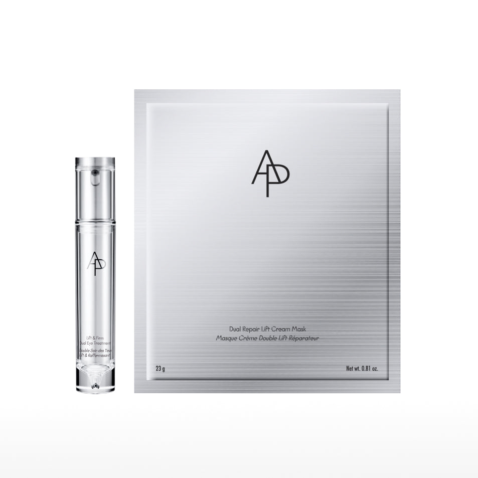 AP Beauty, pack shot of M.D. Lift & Firm Dual Eye Treatment and M.D. Dual Repair Lift Cream Mask
